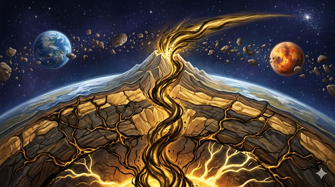 Dark golden veins running through rock, with energy being pulled upward through a mountain and outward into space through the asteroid belt
