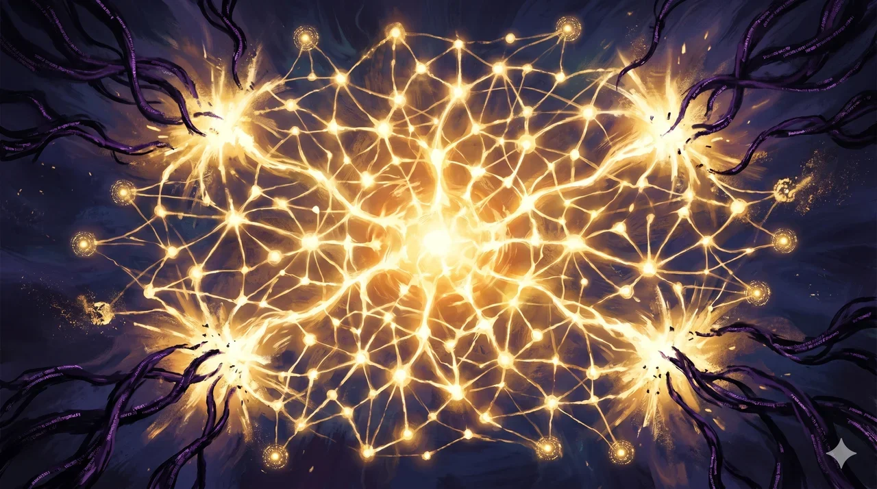 A radiant golden digital network expanding outward, repelling dark tendrils of code attempting to breach it