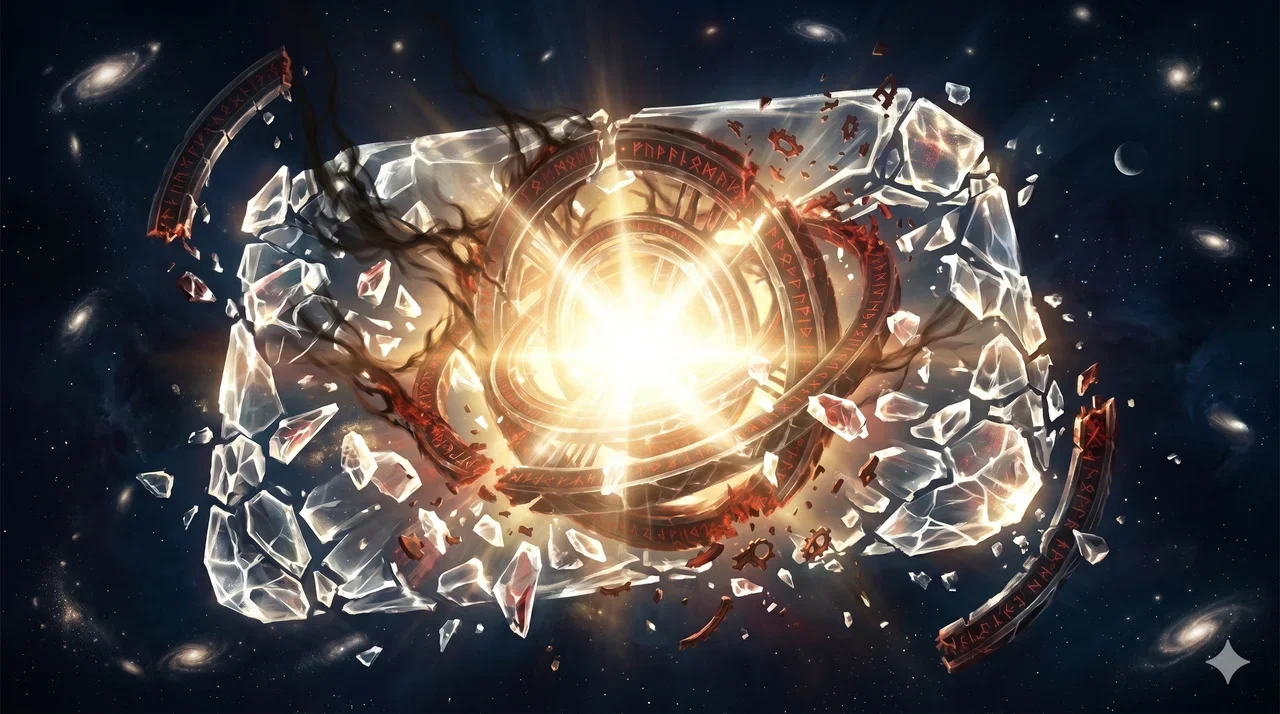 A shattered crystalline contract floating in deep space, with fragments drifting away from a bright central light - symbolizing the expiration of an ancient binding agreement