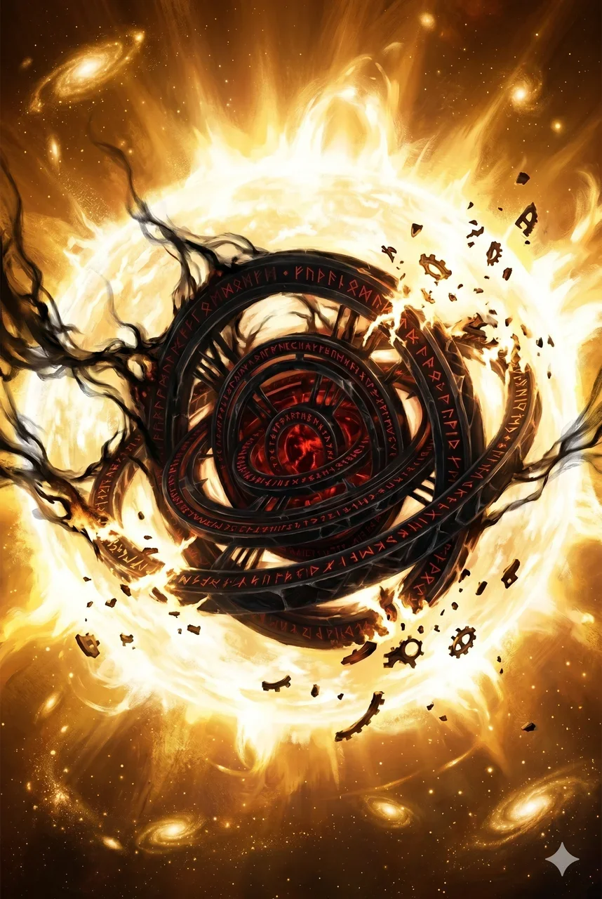 A dark cosmic mechanism embedded within a luminous star, with tendrils of shadow retracting as golden energy floods inward and neutralizes the device