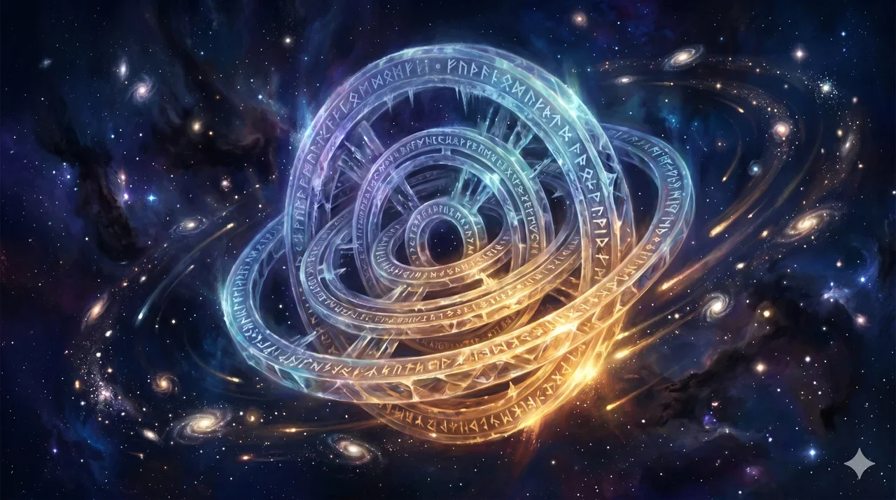 A massive cosmic wheel rotating against the backdrop of space, with golden light breaking through as its direction begins to reverse from clockwise decay toward counterclockwise regeneration