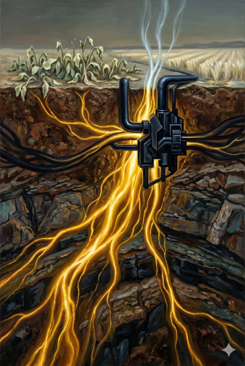 Golden veins of energy flowing through the Earth being diverted through a dark mechanical apparatus, with diminished white light reaching plants and humans above