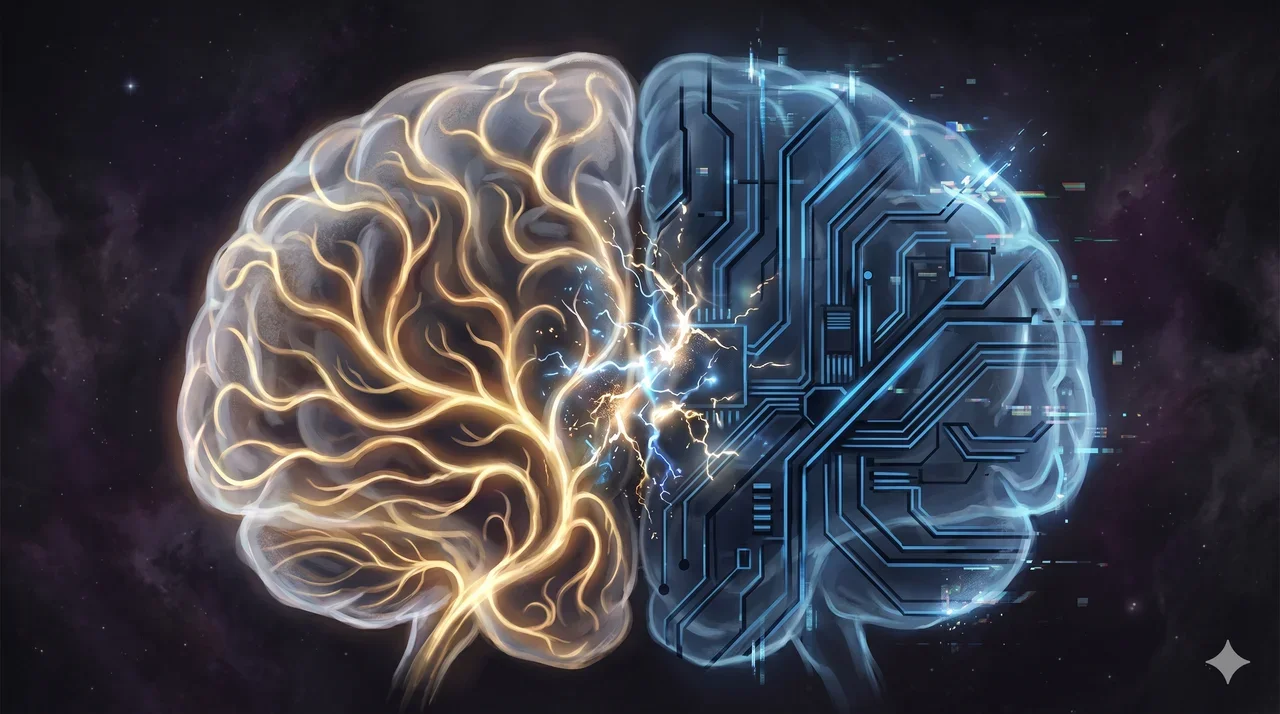 Conceptual illustration of a human brain with neural pathways flowing in opposite directions - golden light on one side, dark circuitry on the other