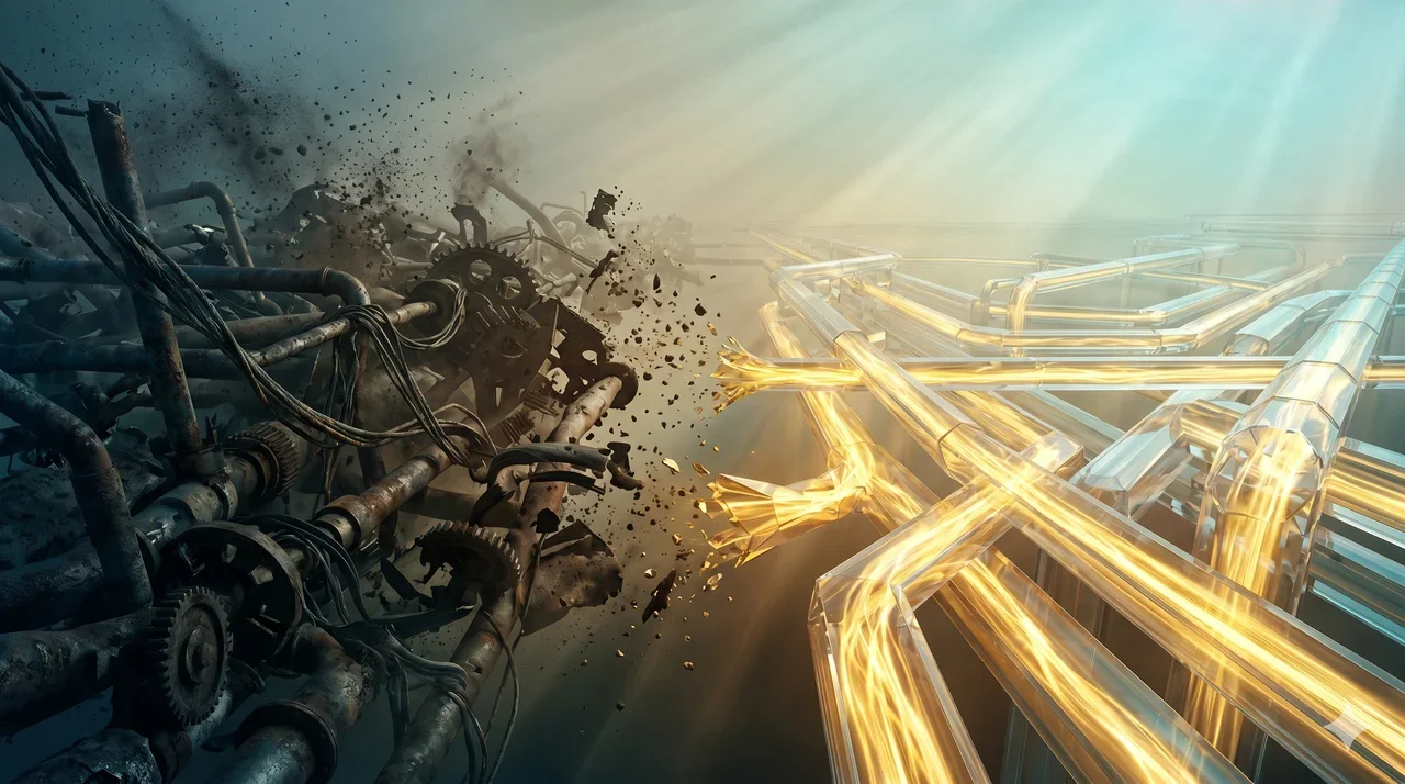 A vast mechanical network of dark cables and conduits being replaced by streams of golden light flowing freely through crystalline channels