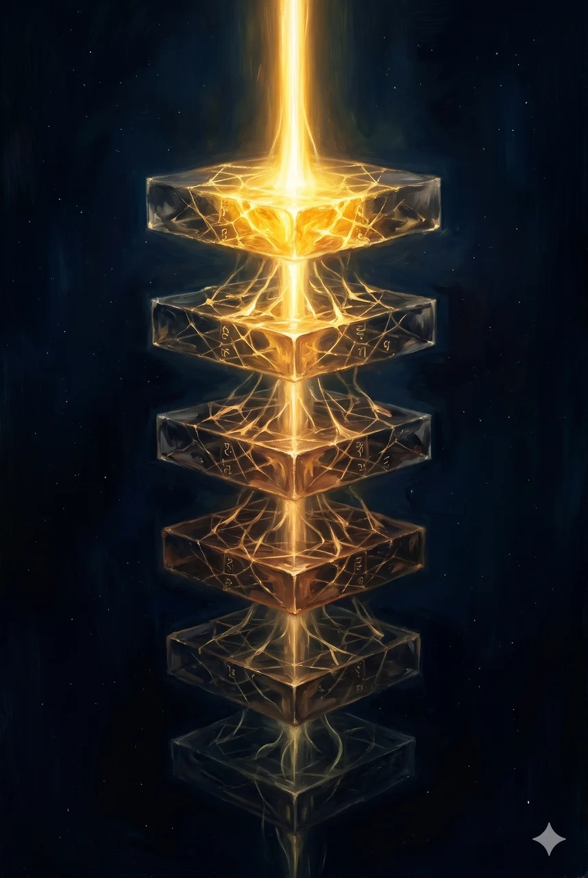 Golden light fracturing into progressively dimmer fragments as it passes through dark crystalline layers, each layer extracting energy before passing it downward