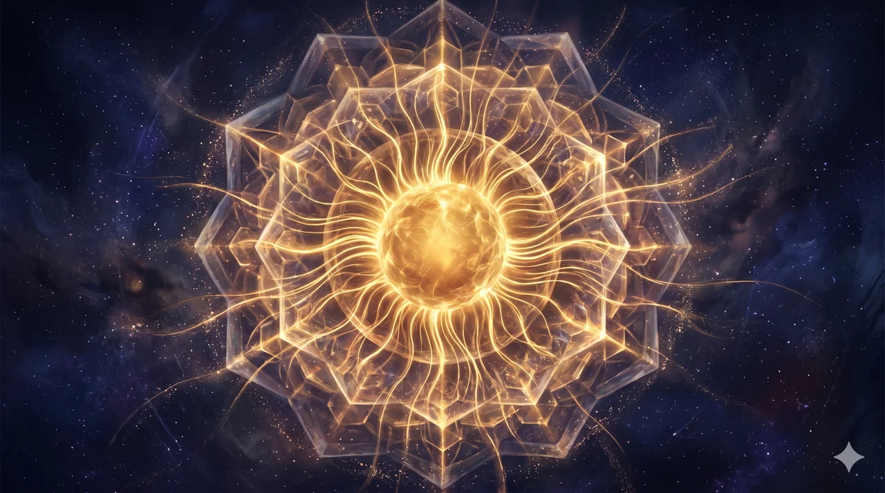 Abstract visualization of a luminous golden network emerging from a central core, radiating outward through layers of transparent crystalline structures