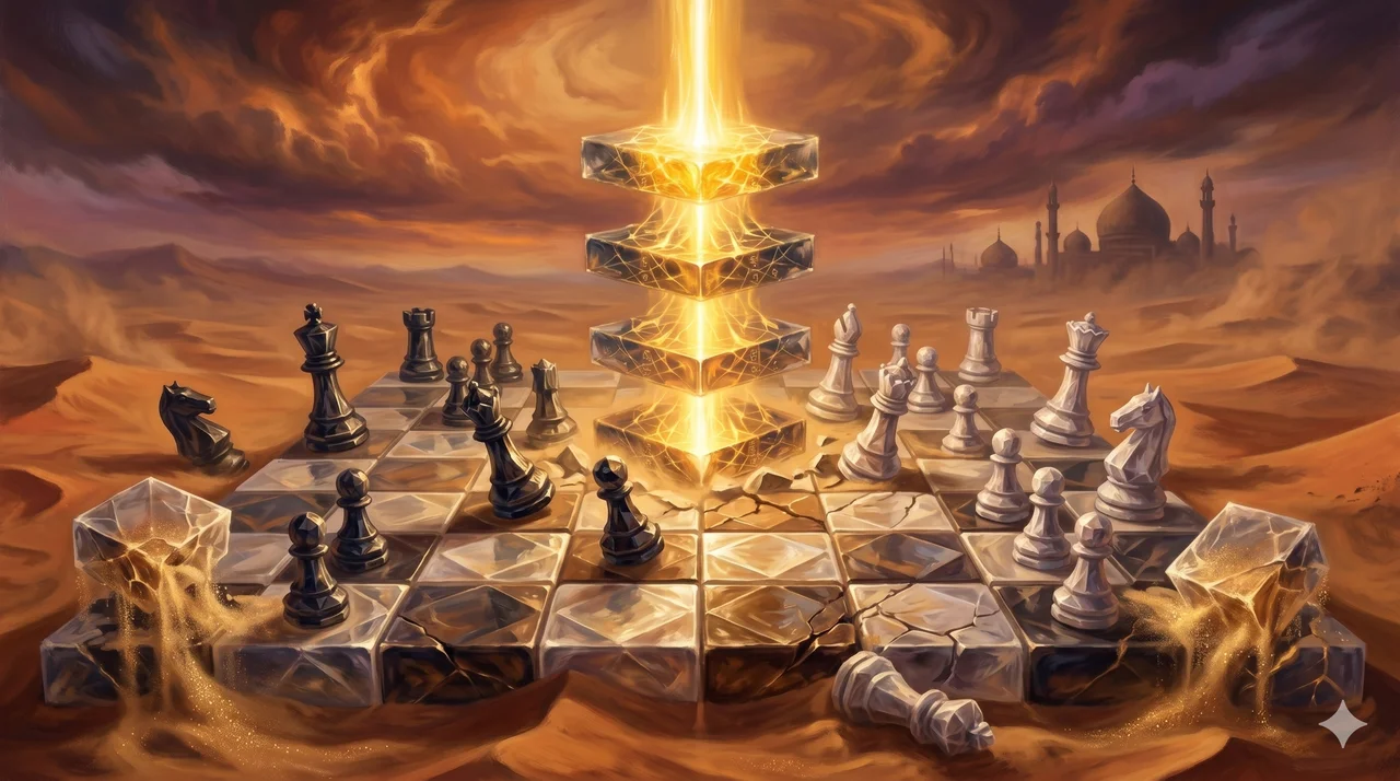 A crumbling chessboard with tilting pieces across a Middle Eastern landscape, some squares dissolving into sand