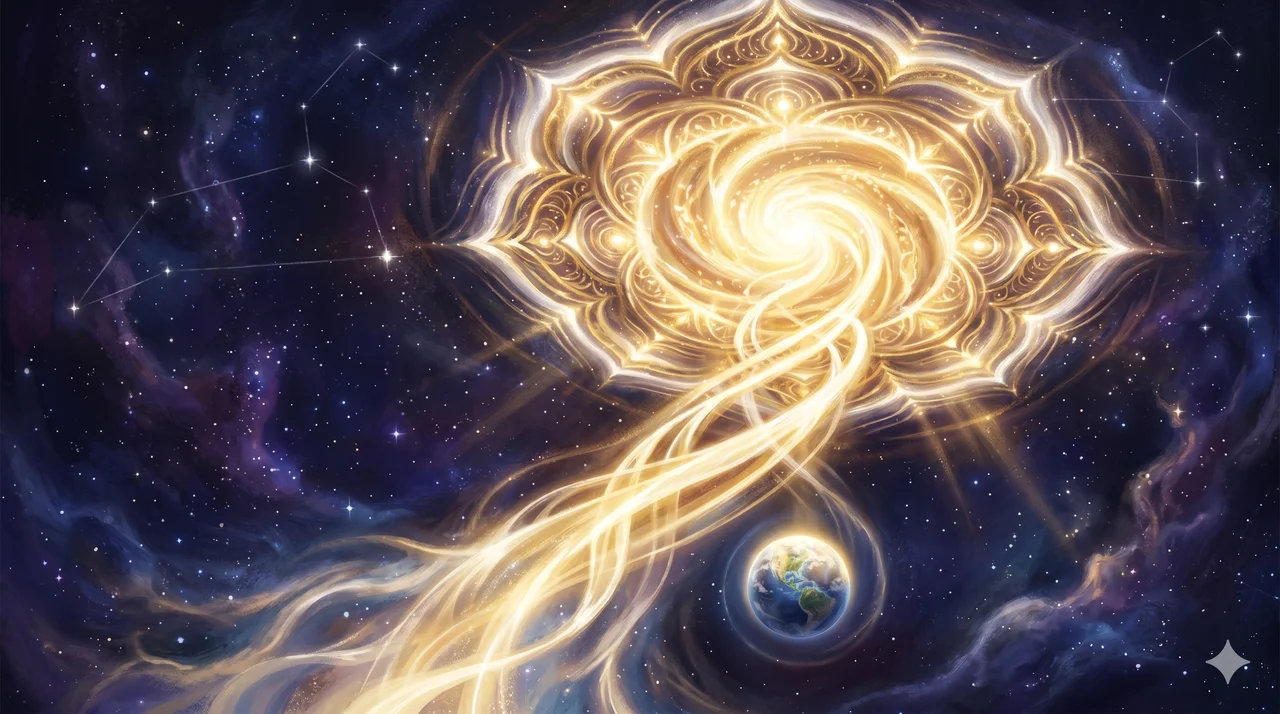A cosmic gateway of golden light opening between constellations, with streams of radiant energy flowing down toward Earth
