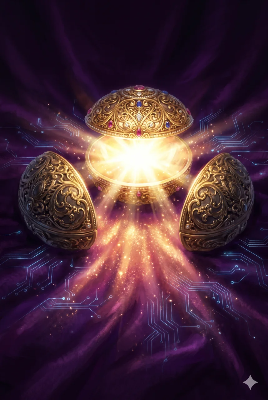 Three ornate golden shells on a velvet surface, with streams of light emanating from beneath one shell while the others remain dark
