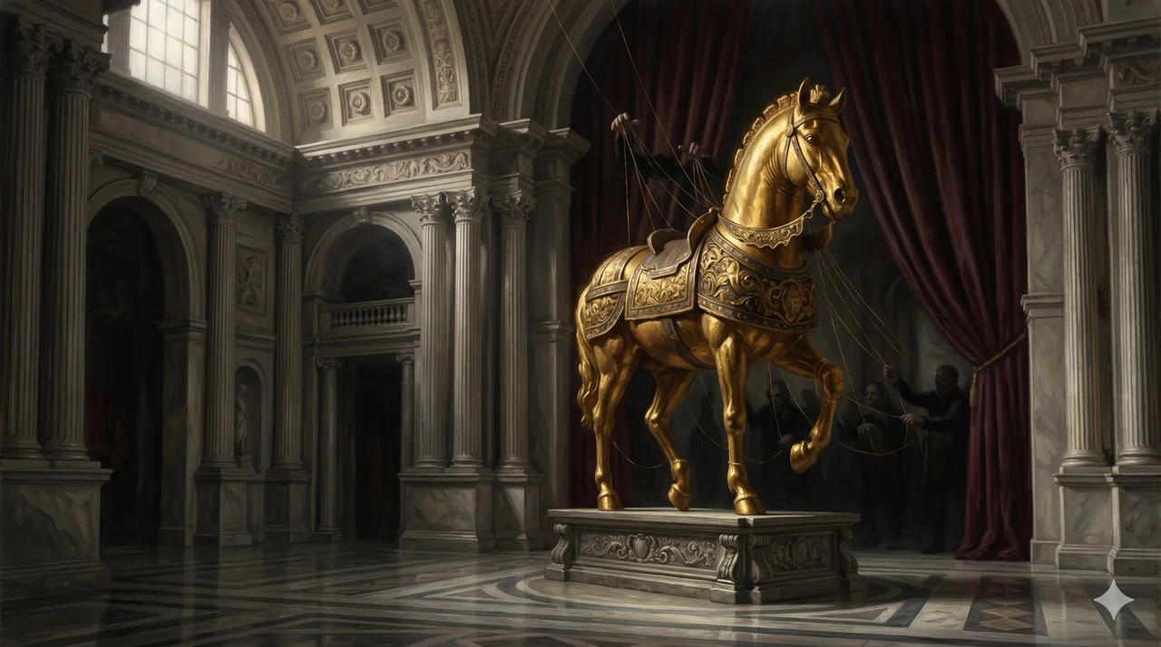 A gilded Trojan horse standing inside the halls of a grand government building, with shadowy figures pulling strings from behind curtains