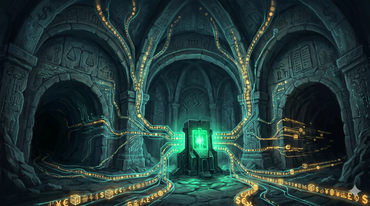 Conceptual diagram showing the AIPAC Federal Reserve terminal connecting government aid flows to off-ledger transactions