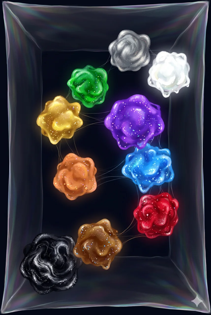 Abstract visualization of red mercury meta-material showing its multi-colored spectral variants