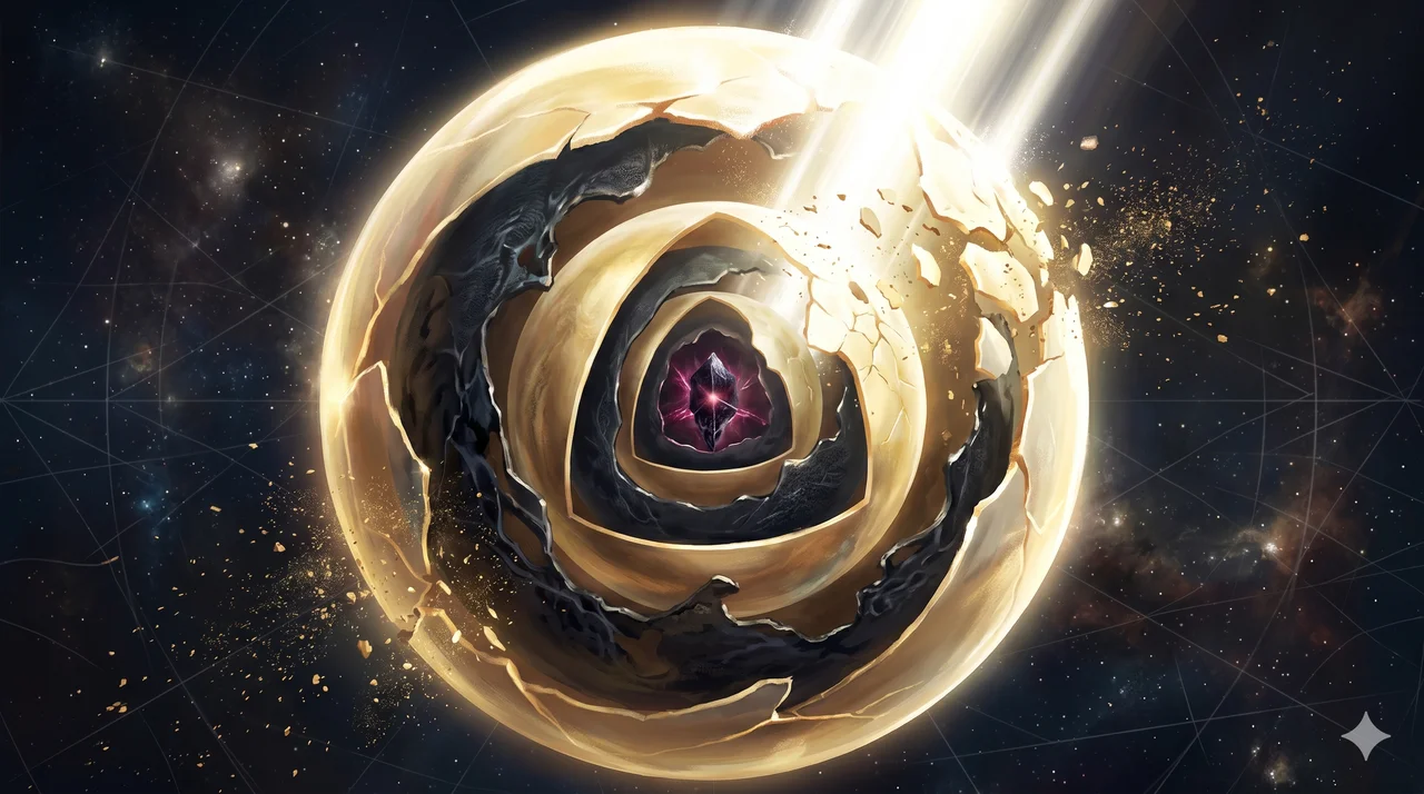 Layered spheres dissolving under bright light, illustrating how Source light breaks down false-light coatings on time-released structures