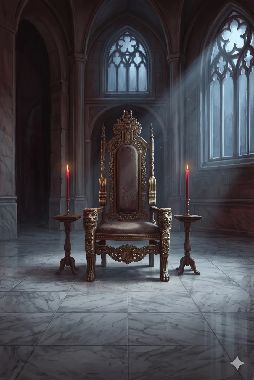 The Chair of Destiny sitting empty in an ornate ceremonial room, candles flickering, no entity inhabiting it