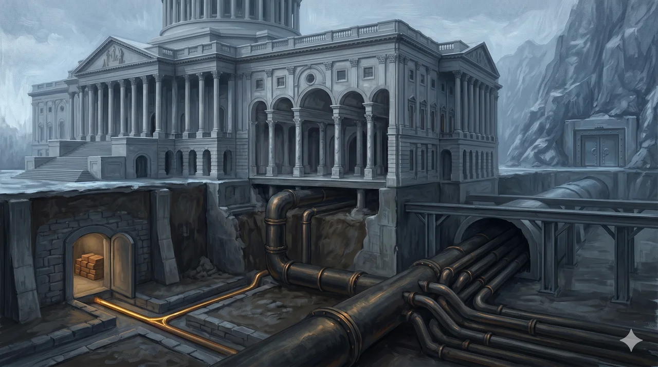 Diagram of the money siphon flowing from US government through DOGE and AIPAC into Rothschild Bank in Switzerland, with a 14% branch to Trump operatives