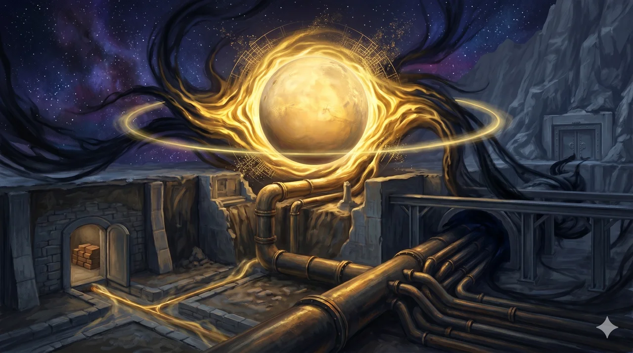 A planet surrounded by waves of golden light replacing dark energy, with fading electromagnetic interference patterns dissolving at the edges