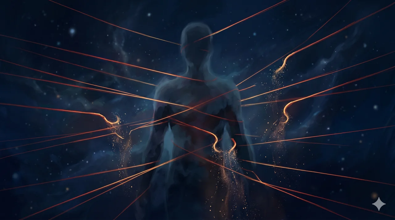 Abstract visualization of glowing tripwire-like energetic filaments threading through the silhouette of a human figure, some strands fraying and dissolving into light