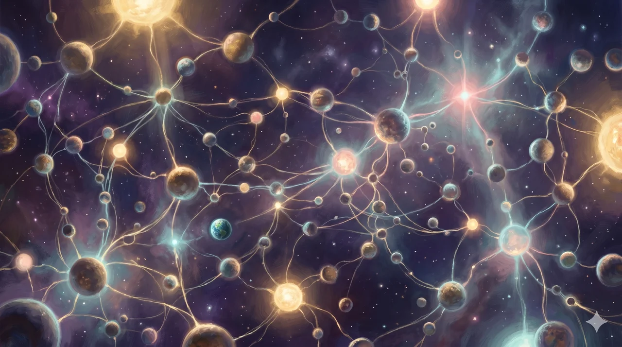 Cosmic view of countless stars, planets, and suns connected by luminous filaments into a vast network, with Earth as one point among many rather than the sole anchor