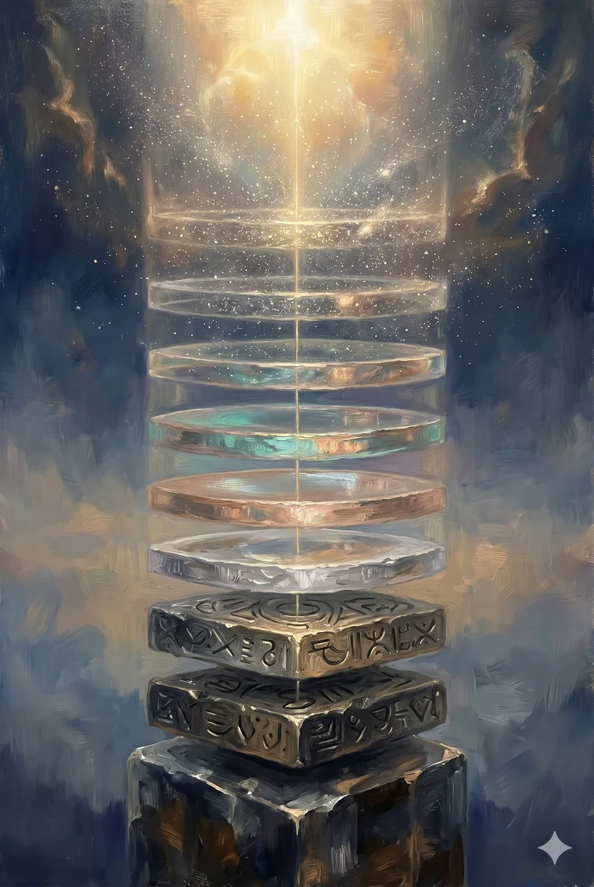 Vertical diagram of nine stacked layers descending from pure universal energy at the top to physical currency at the bottom, with the Rothschild position marked far below the creation levels
