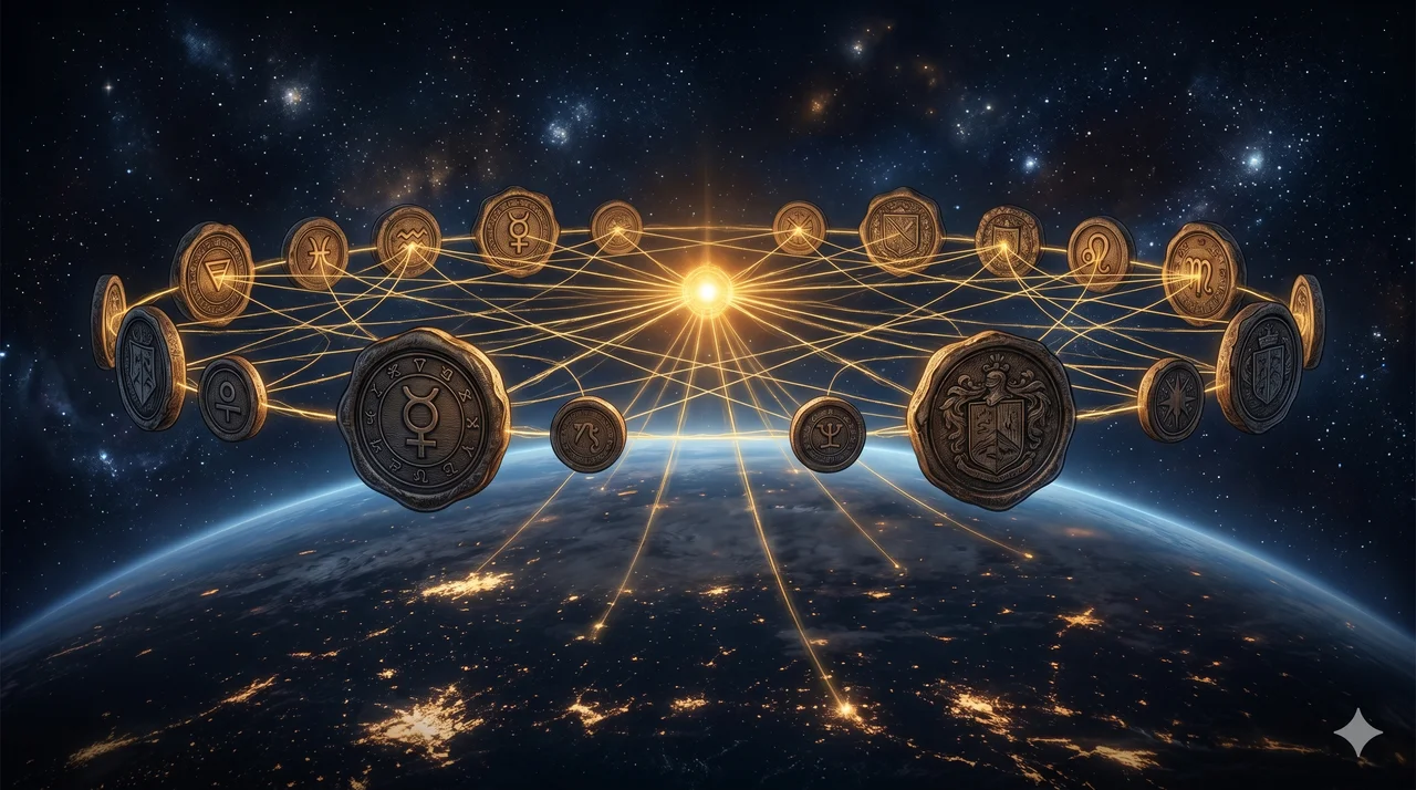 A mid-century parchment document on a dark wood desk with a heavy signature at the bottom, rendered transparent to reveal a submerged Atlantean cityscape glowing faintly beneath