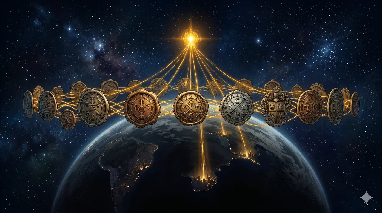 A cosmic ring of archaic seals and institutional crests orbiting a darkened Earth, connected by golden energy filaments that converge above the planet