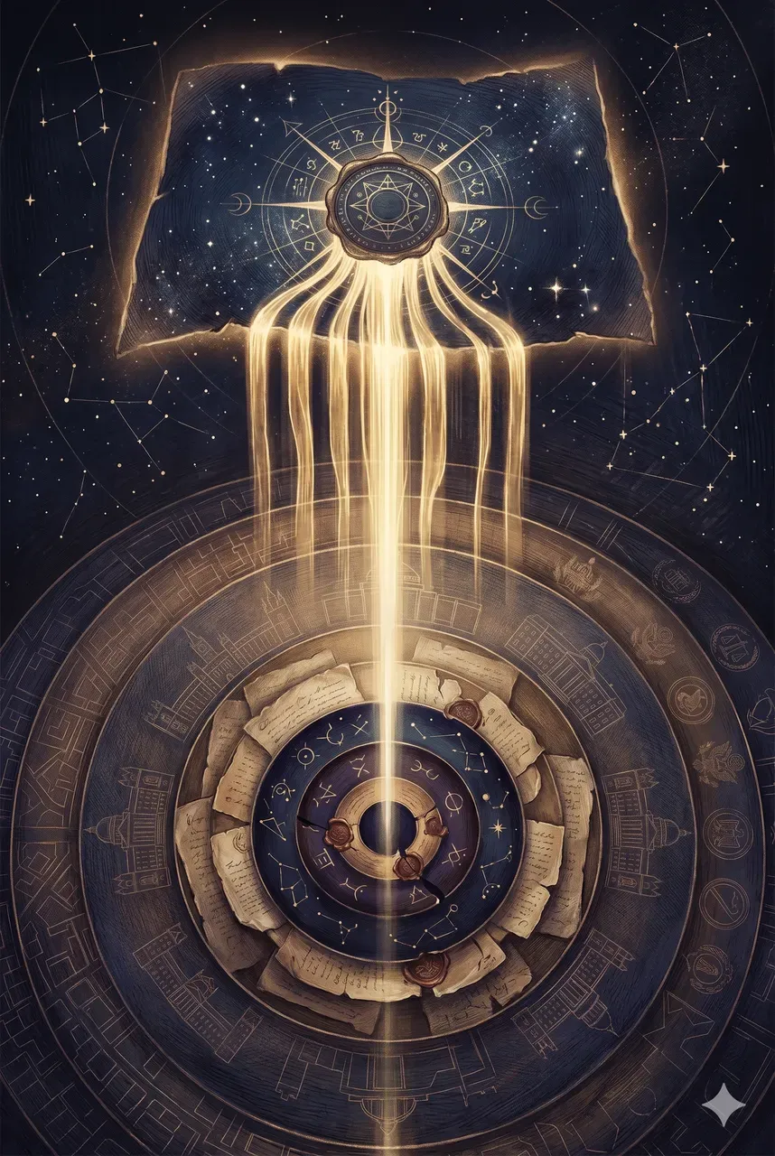 Two overlapping charter documents glowing with parallel seals, the upper one radiating golden light down onto the lower one