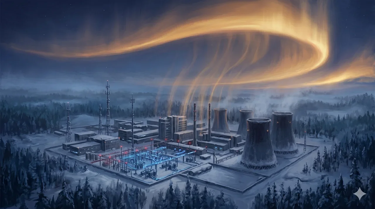 A remote industrial facility at night, its equipment dimming as a wave of golden light sweeps through, suggesting an operation being shut down from above