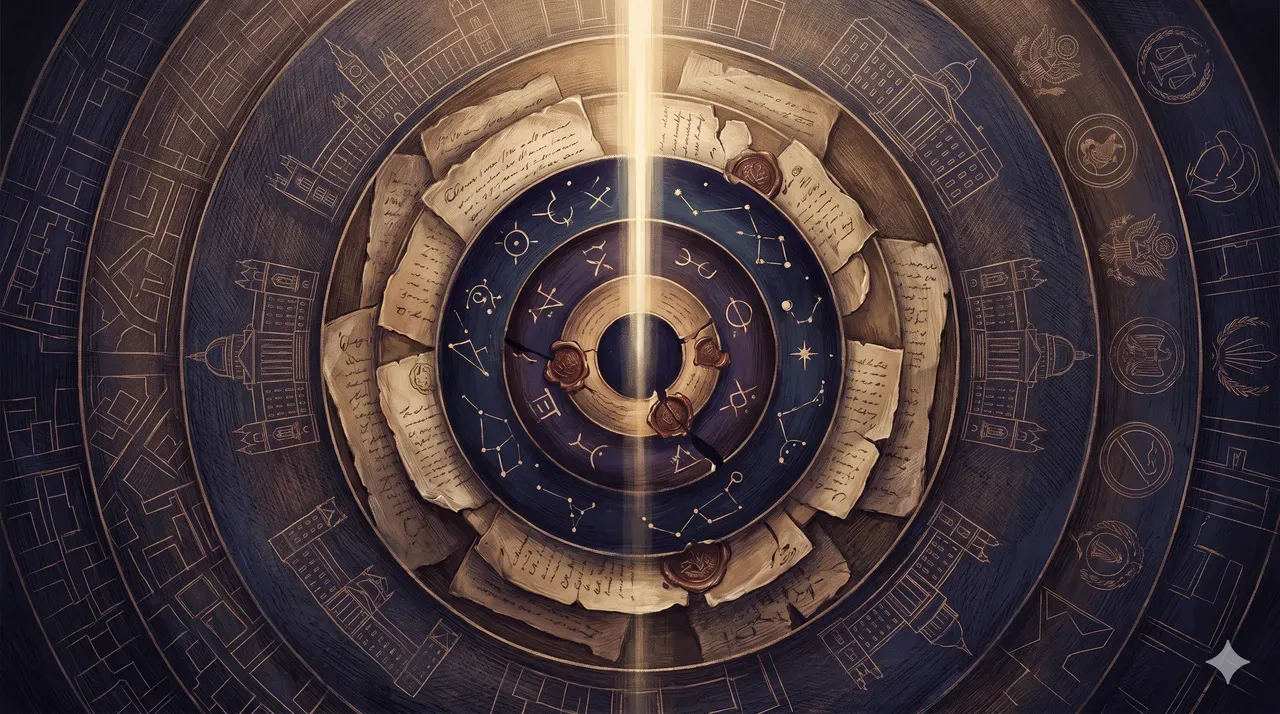 Concentric rings of governance: cities and nations on the outside, covenants and off-world treaties at the core, with light piercing the center