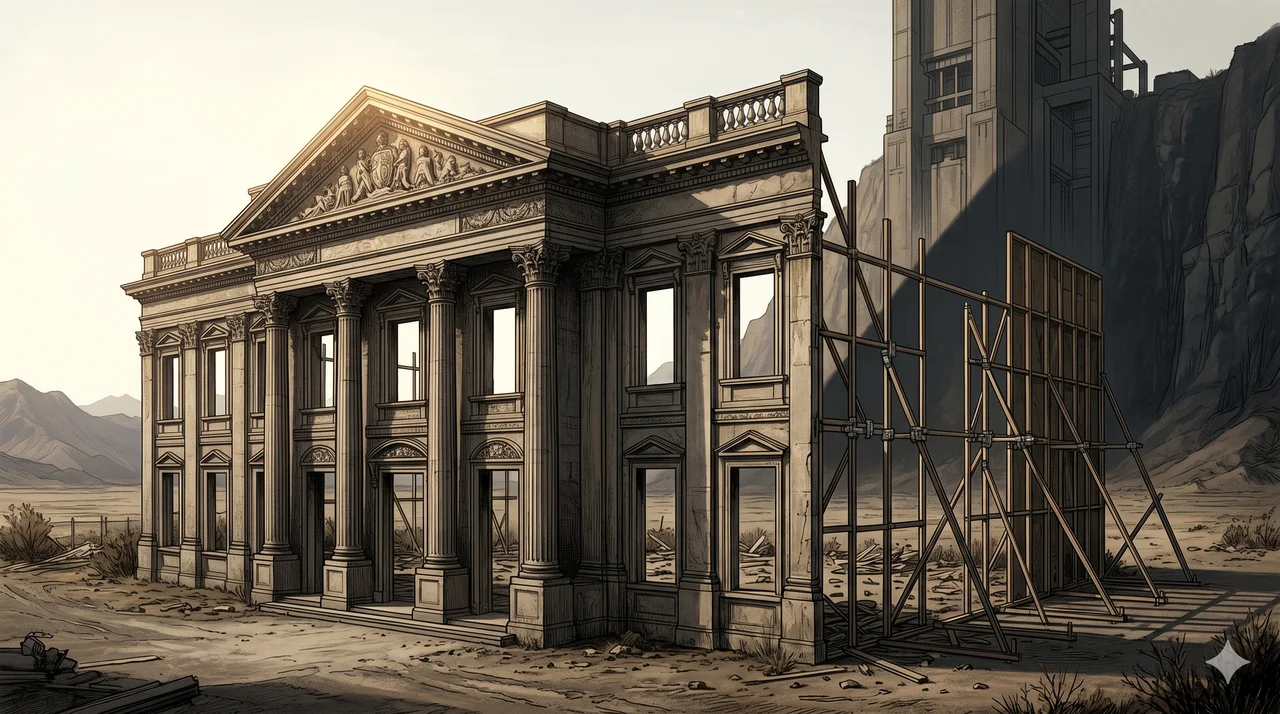 A grand classical executive building rendered as a stage-flat facade, revealing empty scaffolding behind; a distant higher structure casts a long shadow across it