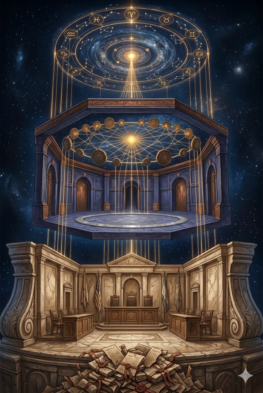 A vertical stack of three tribunal chambers receding upward into cosmic scale: a terrestrial court at the bottom, a galactic chamber in the middle, a universal chamber at the top dissolving into starlight