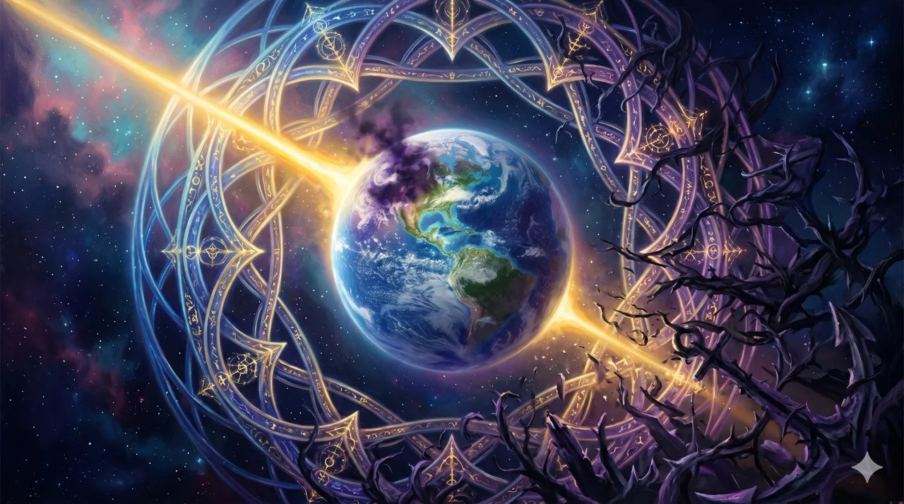 Conceptual image of the spring equinox: sunlight piercing through a vast energetic lattice surrounding Earth, contested by shadowy figures below