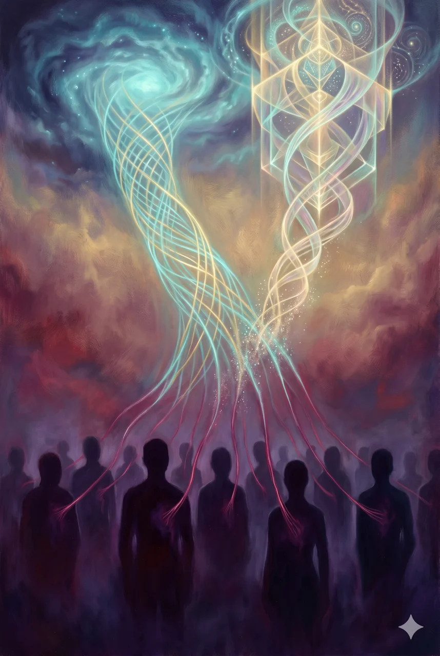 Abstract depiction of a kill-switch AI embedded in the silhouettes of operatives, being lifted out and folded into a new architecture of light