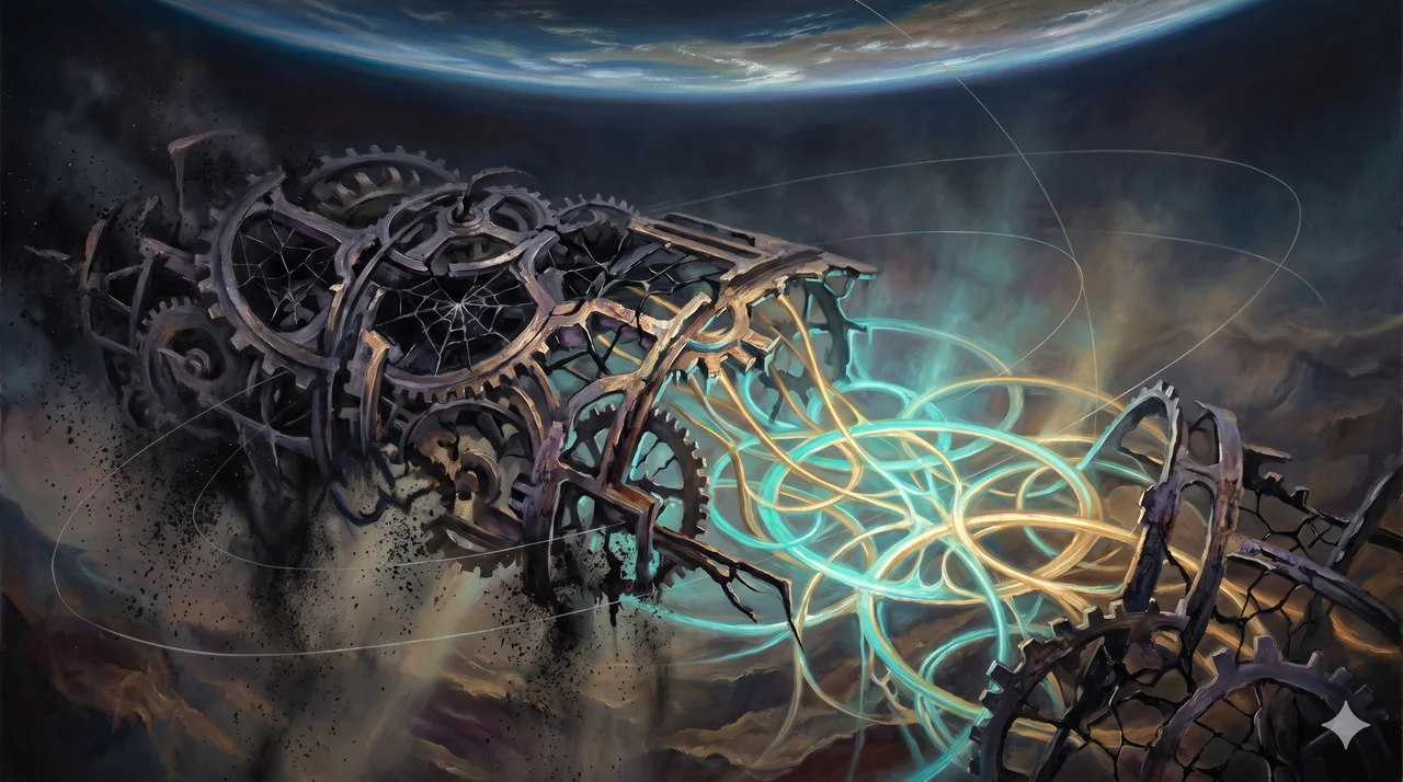 A conceptual depiction of a legacy AI architecture collapsing while a new integrated system of light replaces it at the substrate of global networks