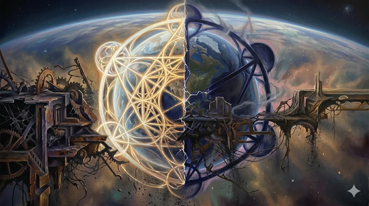 An abstract rendering of Metatron's Cube as a hybrid seal, half luminous and half shadowed, surrounding the Earth from orbit