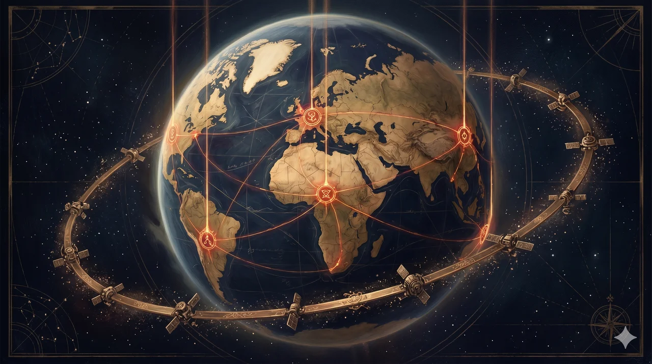Stylized world map with glowing nodes at Virginia, Liechtenstein, Belgrade, Geneva, Halifax, and Queensland linked to orbital satellite rings