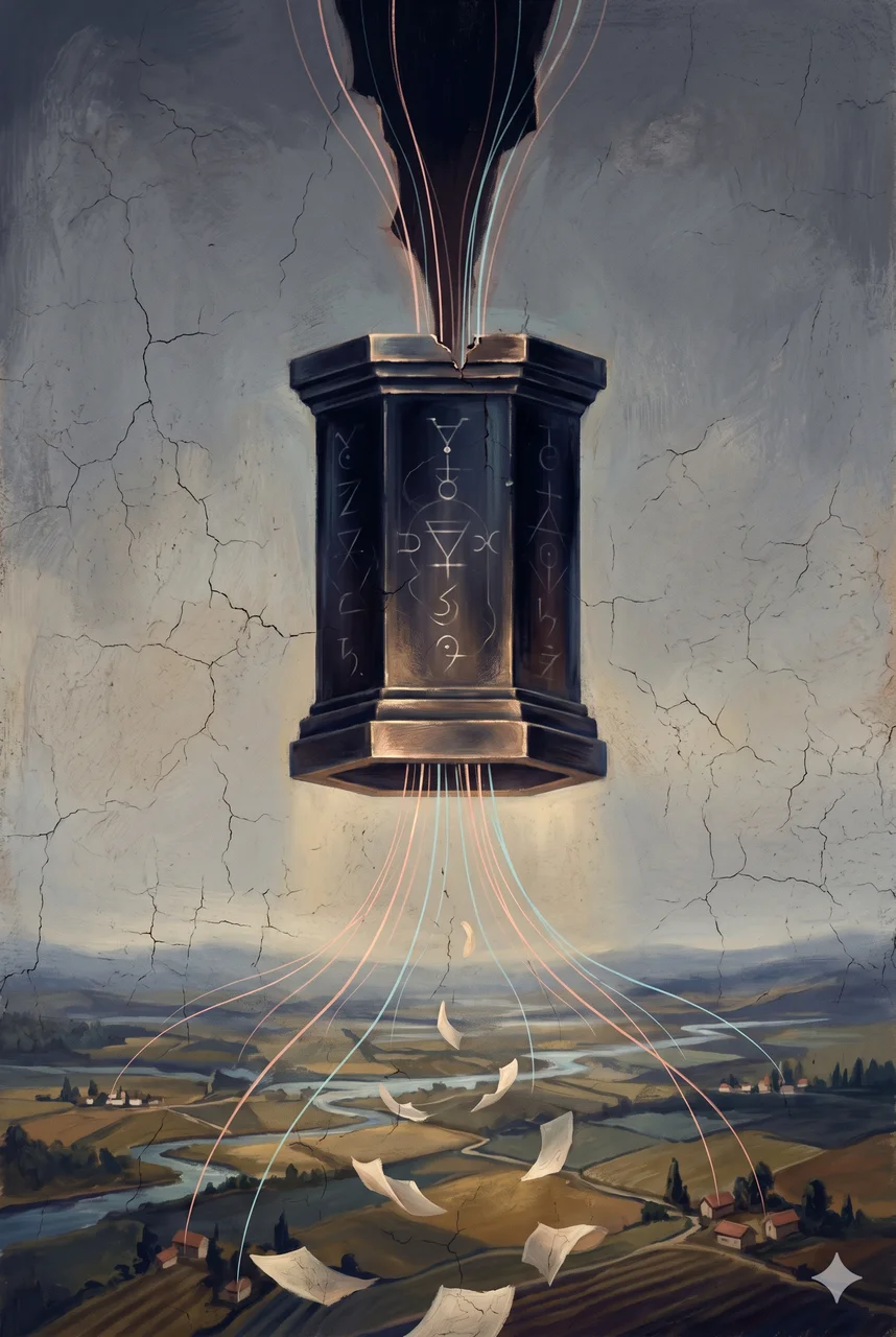 A levitating black-gold altar glowing with extracted energy, thin streams of light pulled from the surrounding landscape into its surface