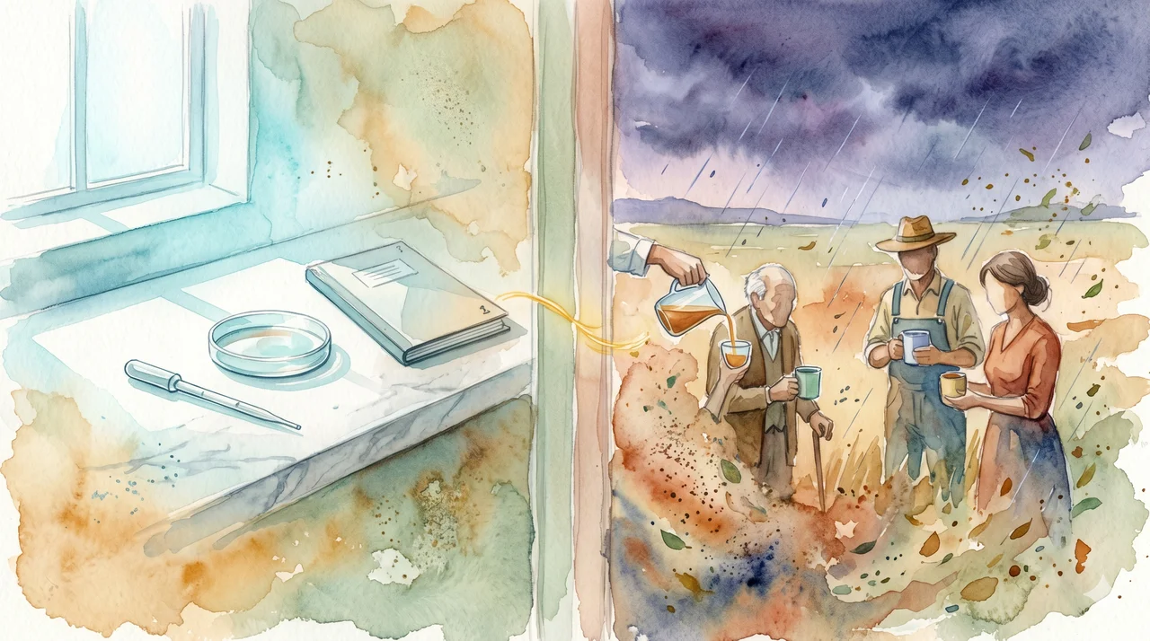 Split visual - on the left, a clean laboratory petri dish under controlled light; on the right, the same formulation tested in a windy open field with real people