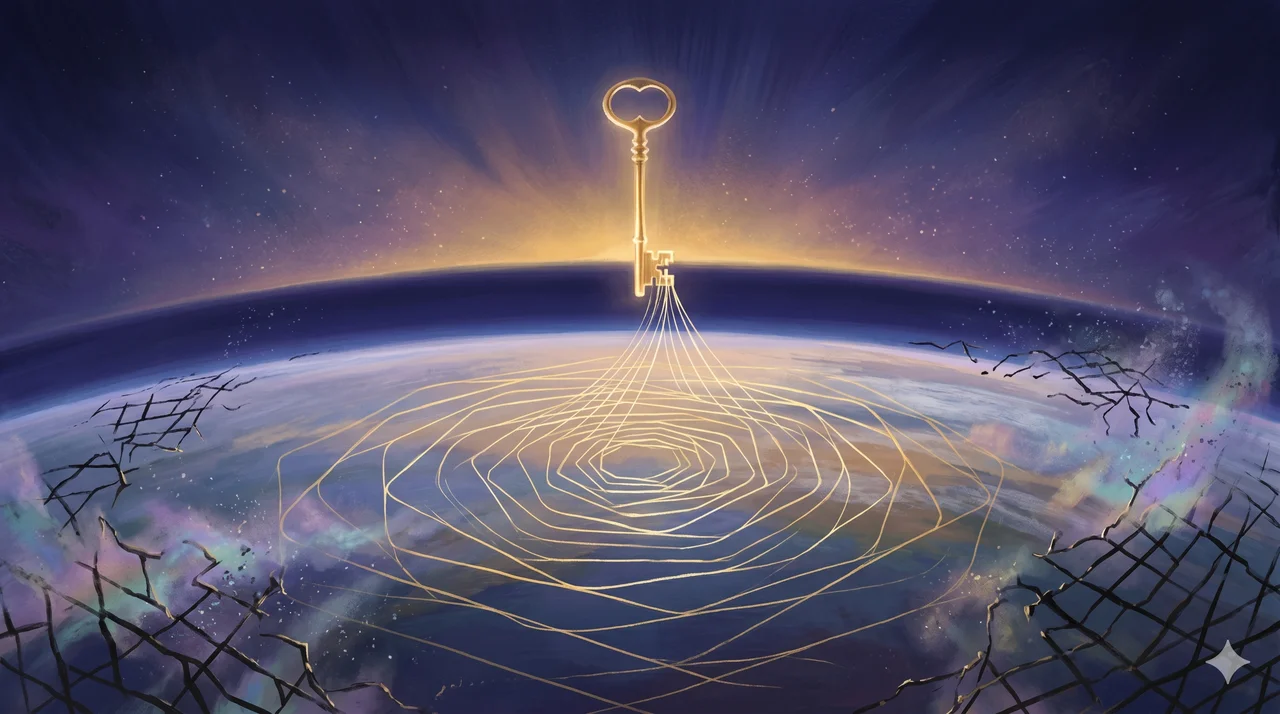 A single golden key suspended over Earth, light radiating into a web of new grids that settle softly across the planet's surface