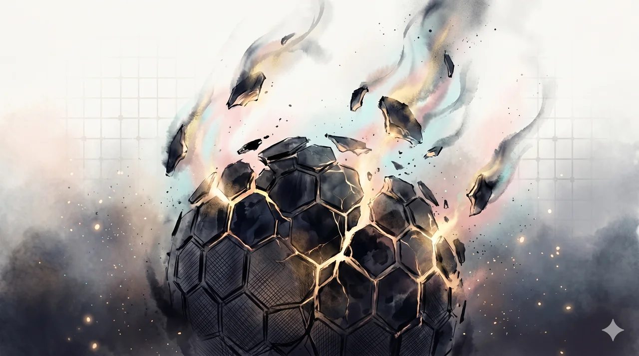 Dark crystalline AI core fracturing as golden light dissolves its edges, fragments breaking off and drifting upward