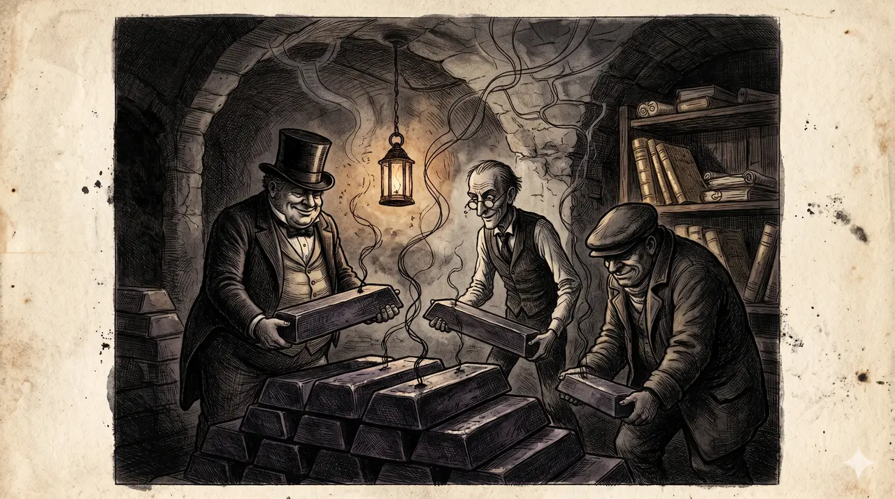 Dull grayish-black tungsten bars stacked in a vault, visually indistinguishable from gold under weak lighting