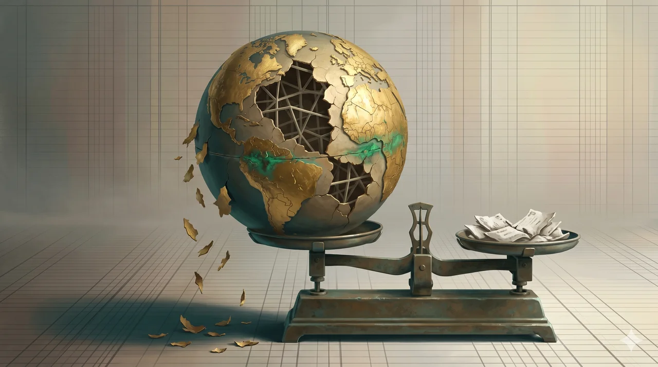 A globe wrapped in cracking gold leaf, fragments peeling away from continents to reveal hollow interior