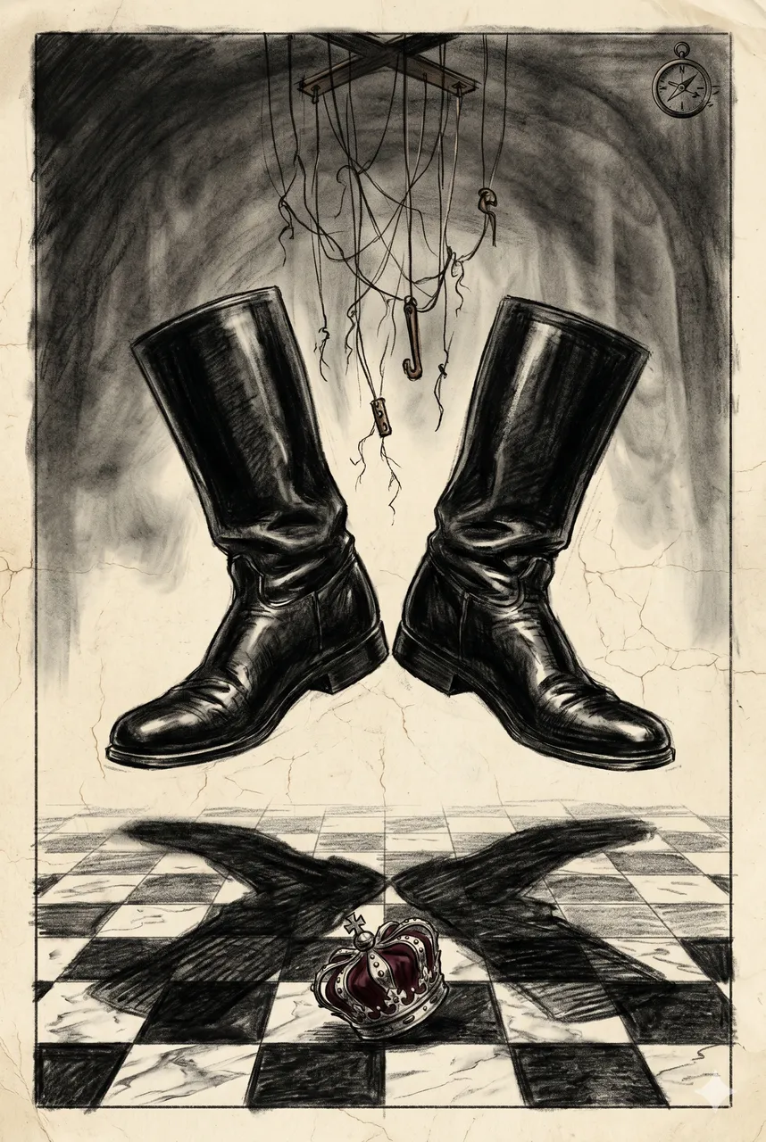 A surreal still of a kneeling figure beneath a giant boot, the boot rendered with two left feet