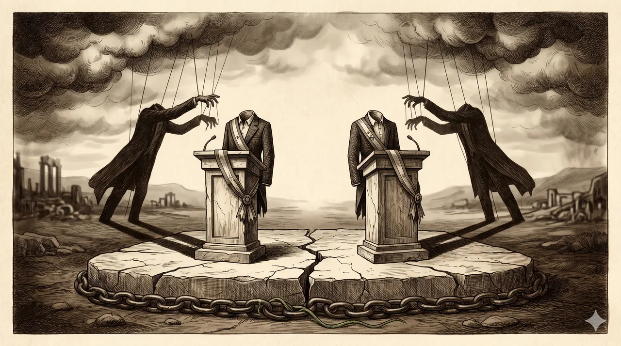 Two silhouetted presidential figures standing back to back, each casting a shadow shaped like an unseen handler