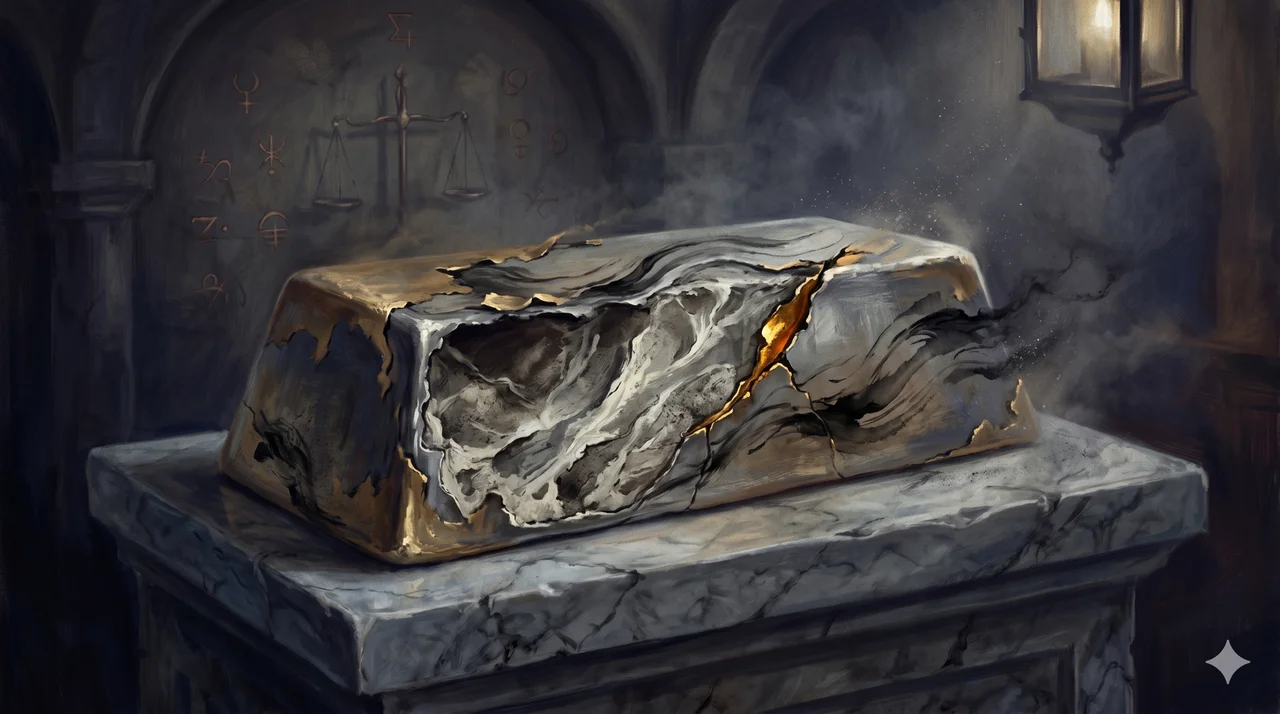 A heavy bar with its surface peeled back to reveal neither gold nor tungsten beneath, set against a vault-like background
