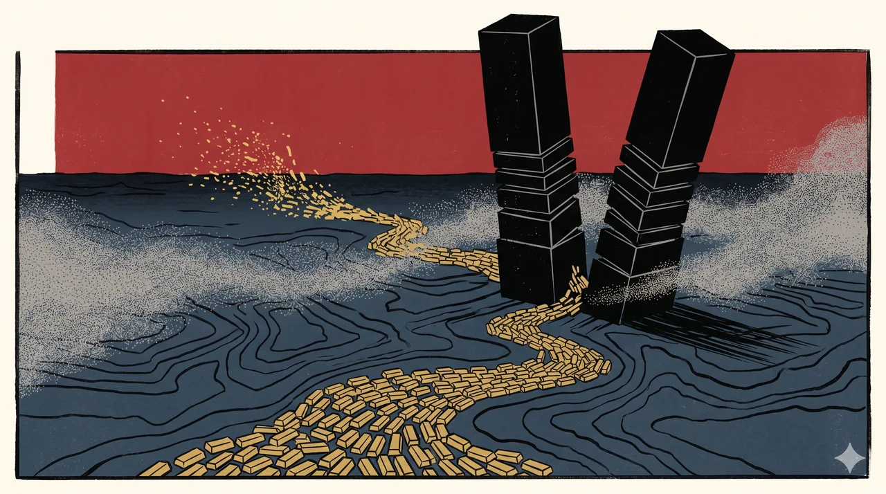 A stylized image of the Twin Towers collapsing in implosion pattern, with golden bars flowing out toward a northern horizon
