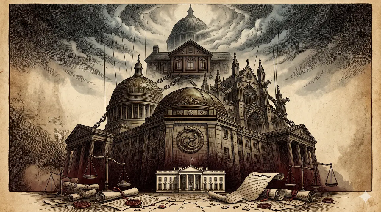 A conceptual chain of authority diagram showing the White House as a small building dwarfed by a towering corporate headquarters labeled Crown Corporation, with further tiers rising above it into shadow