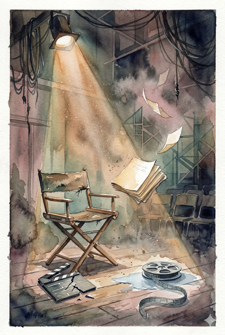 An abandoned movie studio soundstage with empty director's chairs, a broken clapperboard on the floor, and a single spotlight illuminating a dusty script left behind