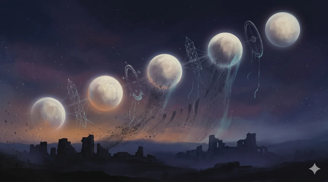 A sparse alignment of planets across a dim night sky, with ghostly traces of broken orbital machinery dissolving into the dark background