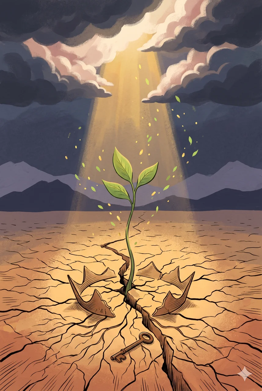 Hands planting a small seedling in cracked earth, with soft golden light breaking through storm clouds above