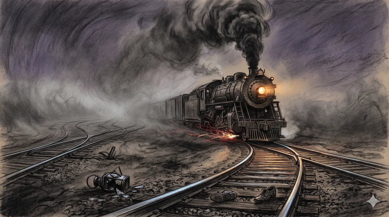 A silhouetted figure stands on train tracks as a freight train barrels toward them at night, headlight blazing, with sparks rising from the rails
